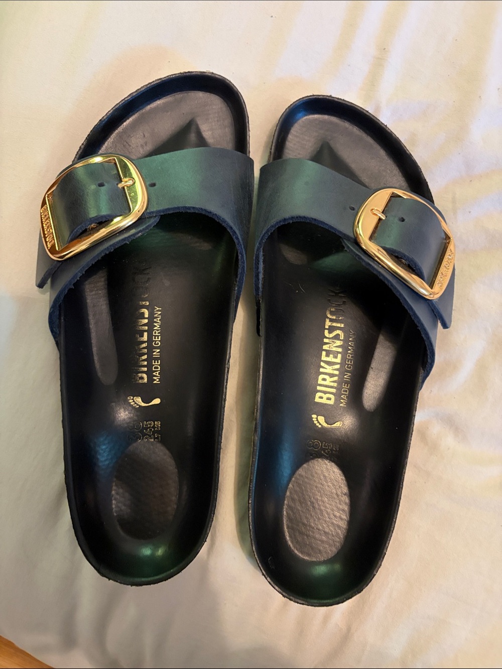 Birkenstock Women's Navy Slide Sandals with Gold Buckles